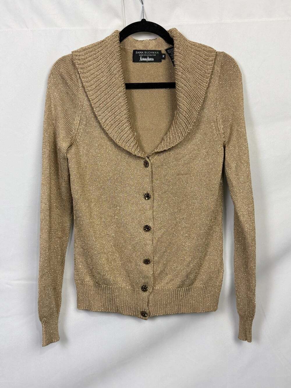 Vintage Dana Buchman Neiman Marcus Metallic Gold Button Up Cardigan Sweater M